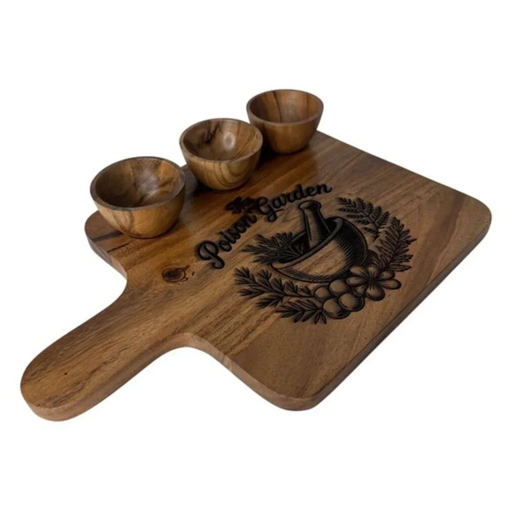 Handmade Acacia Wood Serving Board Set Mortar Pestle Engraved 3 Bowls Witchy Kit